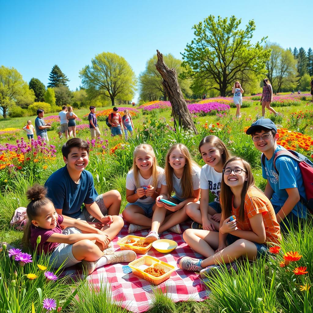 A group of happy students enjoying a day in nature, surrounded by lush greenery, colorful flowers, and trees