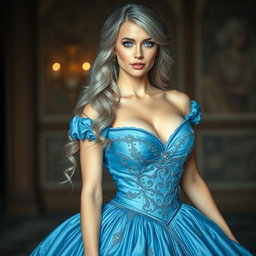 A stunningly beautiful and elegant woman with a diamond-shaped face, featuring bright turquoise eyes and long, soft layers of ash grey hair