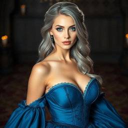 A stunningly beautiful and elegant woman with a diamond-shaped face, featuring bright turquoise eyes and long, soft layers of ash grey hair