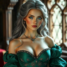 A stunningly beautiful and elegant girl with very large, tender breasts, adorned in an exquisite medieval emerald ball gown featuring a sweetheart neckline and ample bust cups