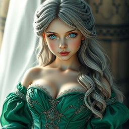 A stunningly beautiful and elegant girl with very large, tender breasts, adorned in an exquisite medieval emerald ball gown featuring a sweetheart neckline and ample bust cups