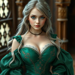 A stunningly beautiful and elegant girl with very large, tender breasts, adorned in an exquisite medieval emerald ball gown featuring a sweetheart neckline and ample bust cups