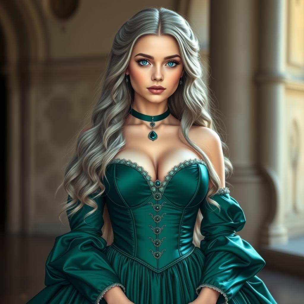 A stunningly beautiful and elegant girl with very large, tender breasts, adorned in an exquisite medieval emerald ball gown featuring a sweetheart neckline and ample bust cups