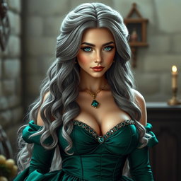 A busty, beautiful, and elegant girl with very large breasts, featuring long soft layers of ash grey hair cascading down her back
