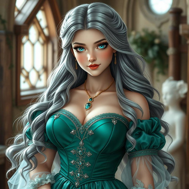 A busty, beautiful, and elegant girl with very large breasts, featuring long soft layers of ash grey hair cascading down her back