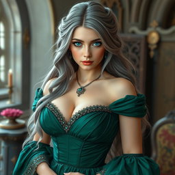 A busty, beautiful, and elegant girl with very large breasts, featuring long soft layers of ash grey hair cascading down her back