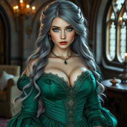 A busty, beautiful, and elegant girl with very large breasts, featuring long soft layers of ash grey hair cascading down her back