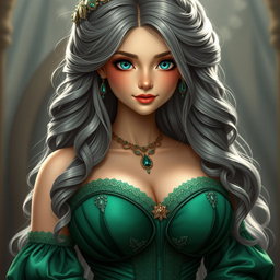 A busty and beautiful girl exuding elegance, characterized by her very large breasts and wearing a stunning medieval emerald ball gown