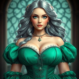 A busty and beautiful girl exuding elegance, characterized by her very large breasts and wearing a stunning medieval emerald ball gown