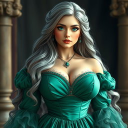 A busty and beautiful girl exuding elegance, characterized by her very large breasts and wearing a stunning medieval emerald ball gown