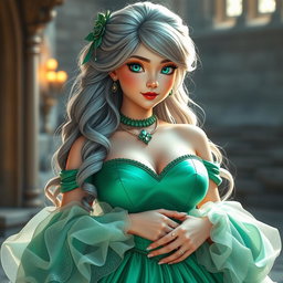 A busty and beautiful girl exuding elegance, characterized by her very large breasts and wearing a stunning medieval emerald ball gown