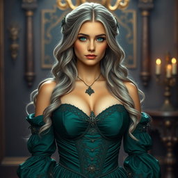 A busty, beautiful, and elegantly poised girl with very large breasts