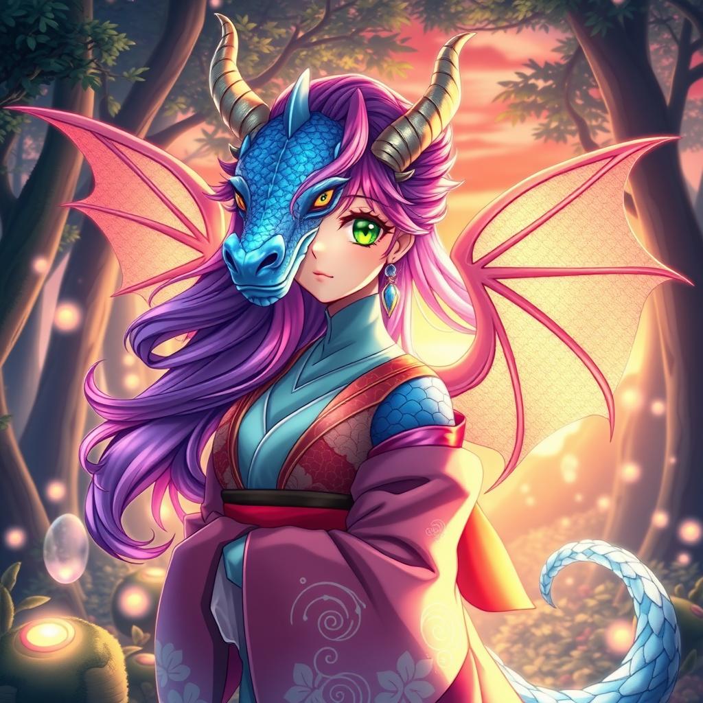 A captivating dragon waifu in a vibrant anime style, featuring a stunning character with iridescent blue scales and emerald green eyes that sparkle with personality