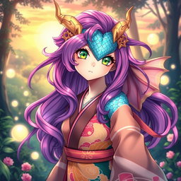 A captivating dragon waifu in a vibrant anime style, featuring a stunning character with iridescent blue scales and emerald green eyes that sparkle with personality