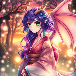 A captivating dragon waifu in a vibrant anime style, featuring a stunning character with iridescent blue scales and emerald green eyes that sparkle with personality