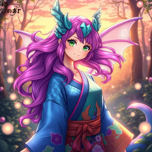 A captivating dragon waifu in a vibrant anime style, featuring a stunning character with iridescent blue scales and emerald green eyes that sparkle with personality