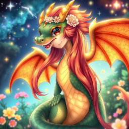 A stunning anime-style depiction of a dragon waifu, featuring vibrant scales in shades of deep emerald and shimmering gold, with large, expressive eyes and a playful smile