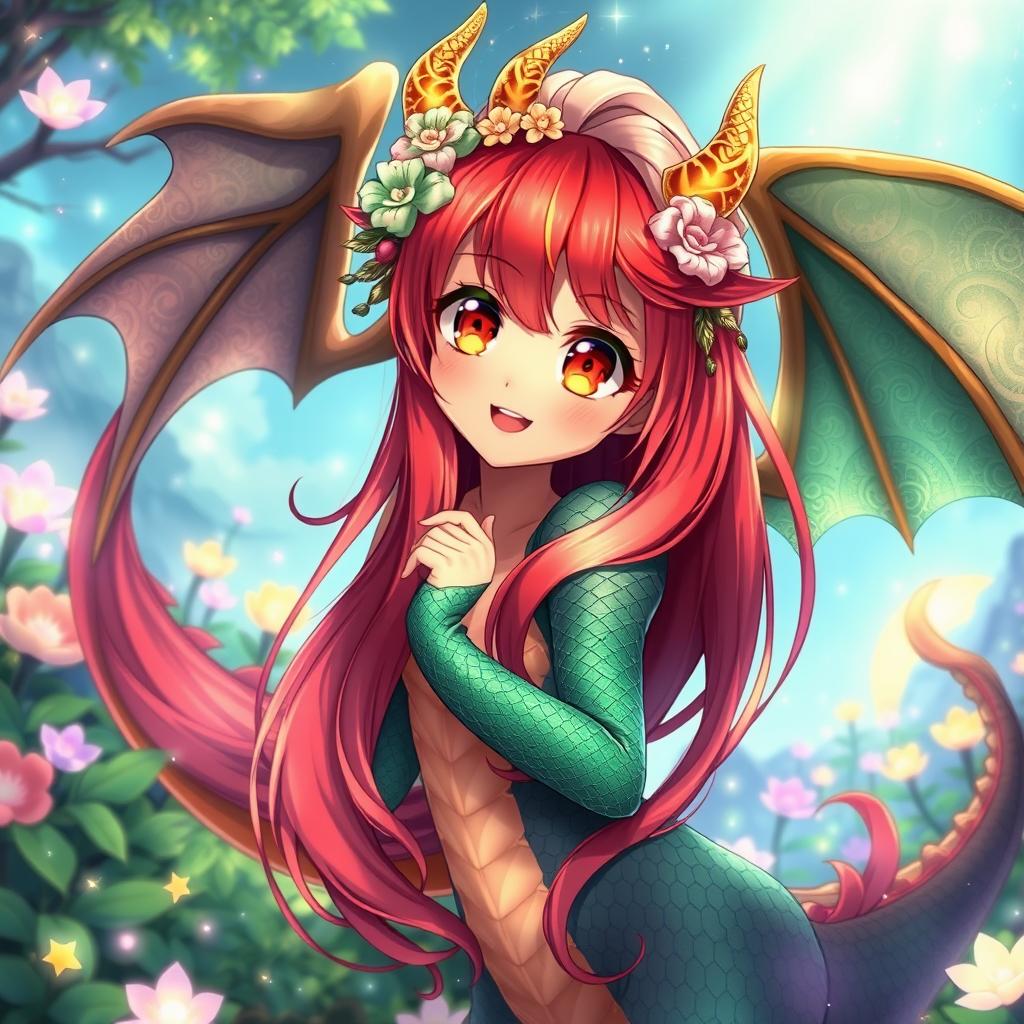 A stunning anime-style depiction of a dragon waifu, featuring vibrant scales in shades of deep emerald and shimmering gold, with large, expressive eyes and a playful smile