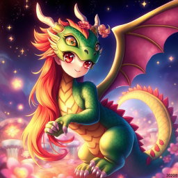 A stunning anime-style depiction of a dragon waifu, featuring vibrant scales in shades of deep emerald and shimmering gold, with large, expressive eyes and a playful smile