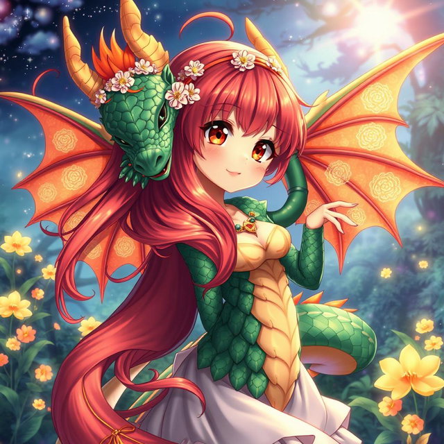 A stunning anime-style depiction of a dragon waifu, featuring vibrant scales in shades of deep emerald and shimmering gold, with large, expressive eyes and a playful smile