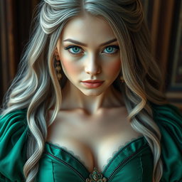 A busty, beautiful, and elegant girl with very huge breasts, featuring long, soft layers of ash grey hair cascading down her back