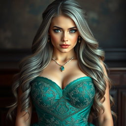 A busty, beautiful, and elegant girl with very huge breasts, featuring long, soft layers of ash grey hair cascading down her back