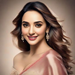 A detailed and realistic portrait of actress Kiara Advani. Show her clear and radiant complexion, lively eyes, and charming smile in the style of a high-quality photo.