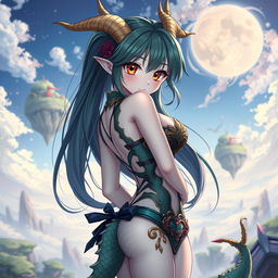 A sexy dragon waifu character with dragon features, such as scaled skin and horns, wearing a revealing, stylish outfit that highlights her curves