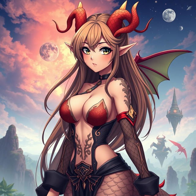 A sexy dragon waifu character with dragon features, such as scaled skin and horns, wearing a revealing, stylish outfit that highlights her curves