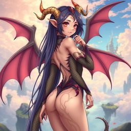 A sexy dragon waifu character with dragon features, such as scaled skin and horns, wearing a revealing, stylish outfit that highlights her curves