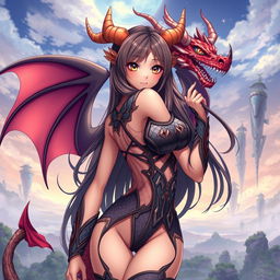 A sexy dragon waifu character with dragon features, such as scaled skin and horns, wearing a revealing, stylish outfit that highlights her curves