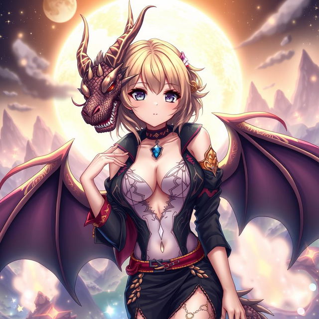 A sexy dragon waifu character with enchanting dragon features, such as shimmering scales, elegant horns, and alluring eyes, dressed in a revealing, fashionable outfit that highlights her alluring curves