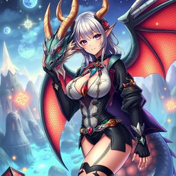 A sexy dragon waifu character with enchanting dragon features, such as shimmering scales, elegant horns, and alluring eyes, dressed in a revealing, fashionable outfit that highlights her alluring curves