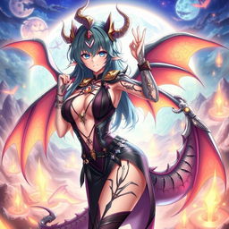 A sexy dragon waifu character with enchanting dragon features, such as shimmering scales, elegant horns, and alluring eyes, dressed in a revealing, fashionable outfit that highlights her alluring curves