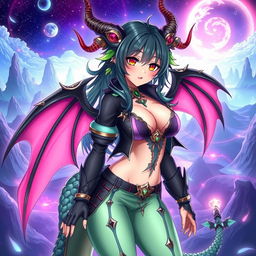 A sexy dragon waifu character with enchanting dragon features, such as shimmering scales, elegant horns, and alluring eyes, dressed in a revealing, fashionable outfit that highlights her alluring curves