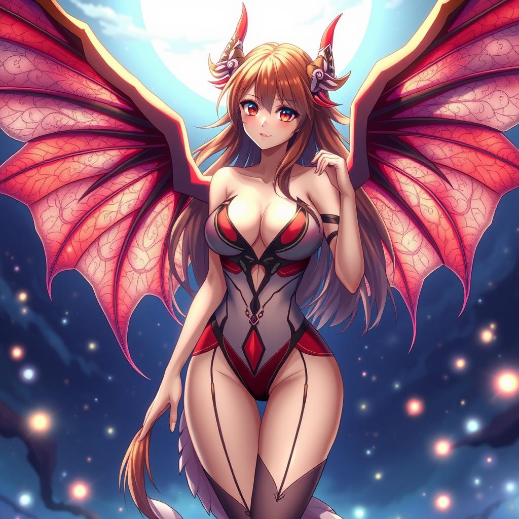 A sexy waifu character with gracefully elegant wings, dressed in a revealing outfit that accentuates her curves while maintaining an alluring yet stylish look