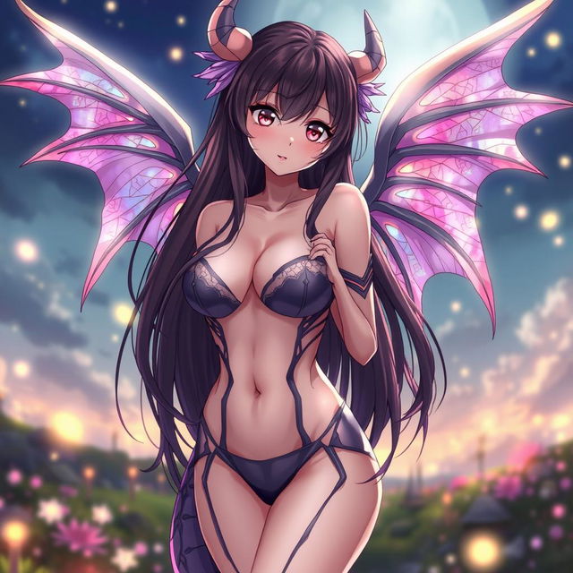 A sexy waifu character with gracefully elegant wings, dressed in a revealing outfit that accentuates her curves while maintaining an alluring yet stylish look