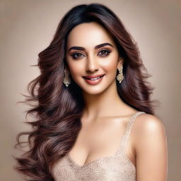 A detailed and realistic portrait of actress Kiara Advani. Show her clear and radiant complexion, lively eyes, and charming smile in the style of a high-quality photo.