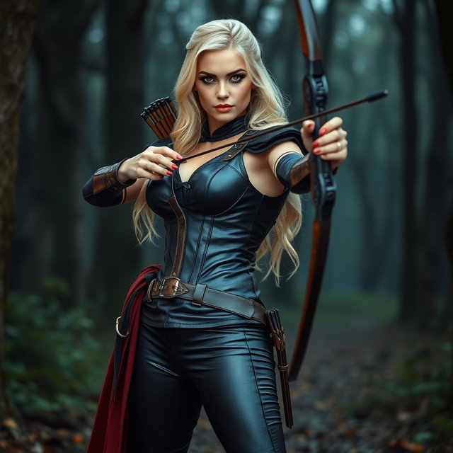 A bright blonde archer with large, prominent breasts, stunning bright amber eyes, and dark, striking makeup