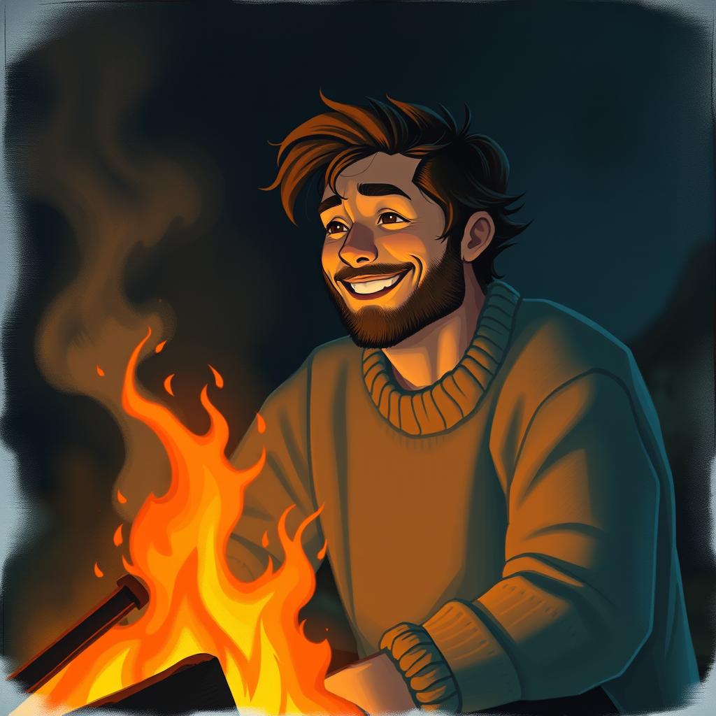 A realistic depiction of a happy man sitting by a campfire at night, with a warm orange glow illuminating his face