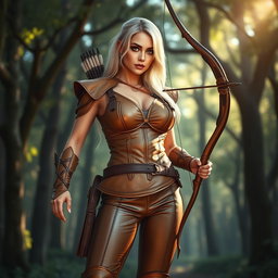 A striking busty female archer with bright blonde hair and large breasts, wearing a fitted light brown leather armor that accentuates her curves