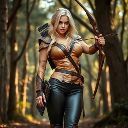 A striking busty female archer with bright blonde hair and large breasts, wearing a fitted light brown leather armor that accentuates her curves