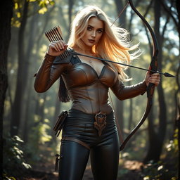 A bright blonde busty female archer with huge breasts, amber shining eyes and dark goth style makeup including dark lips