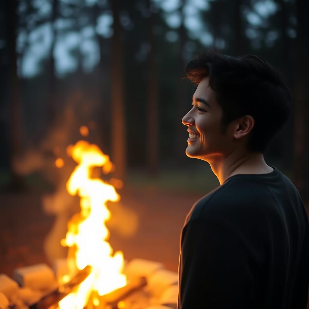 A person standing at a distance, gazing at a warm, crackling fire