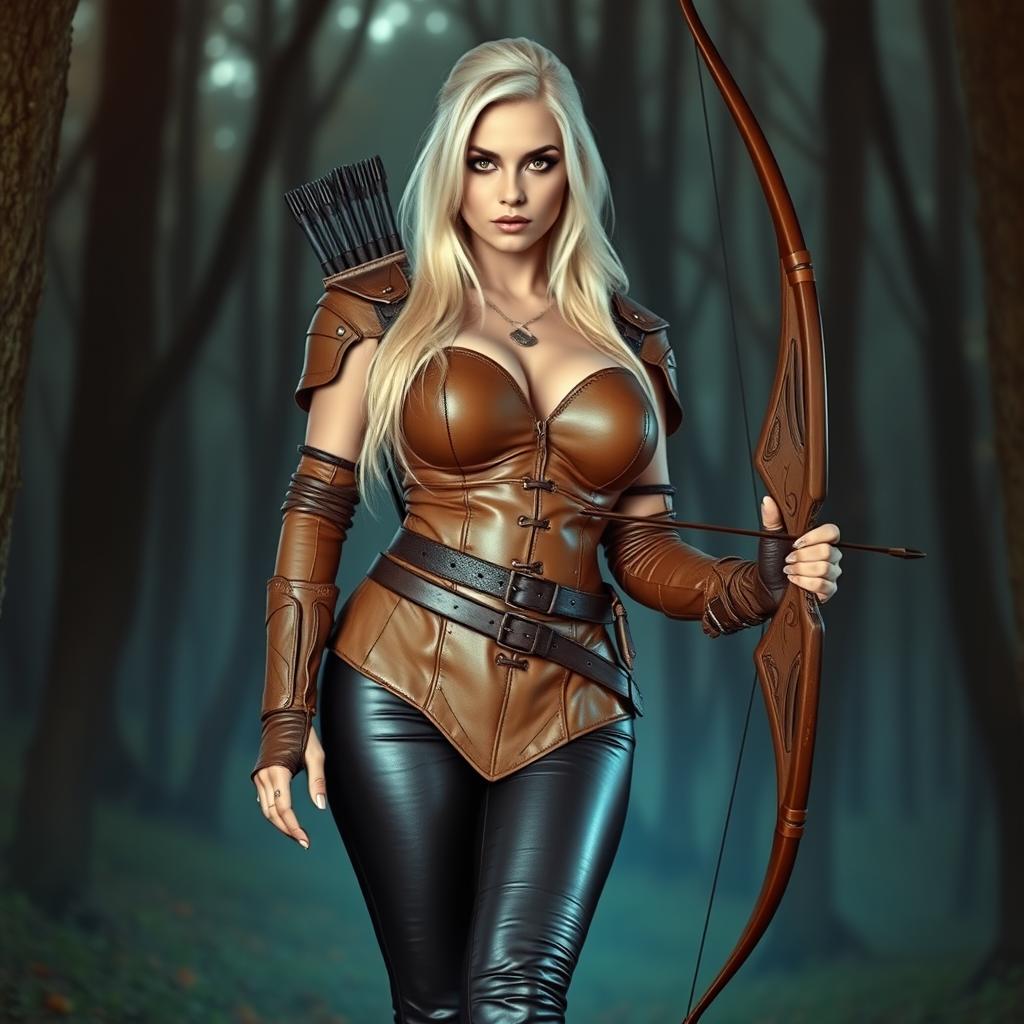 A strikingly beautiful bright blonde busty archer stands confidently, her very large breasts accentuated by a form-fitting light brown leather armor that showcases her curves