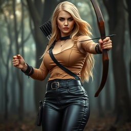A bright blonde, busty female archer exuding confidence, with very large breasts accentuated by her stylish tight light brown leather top