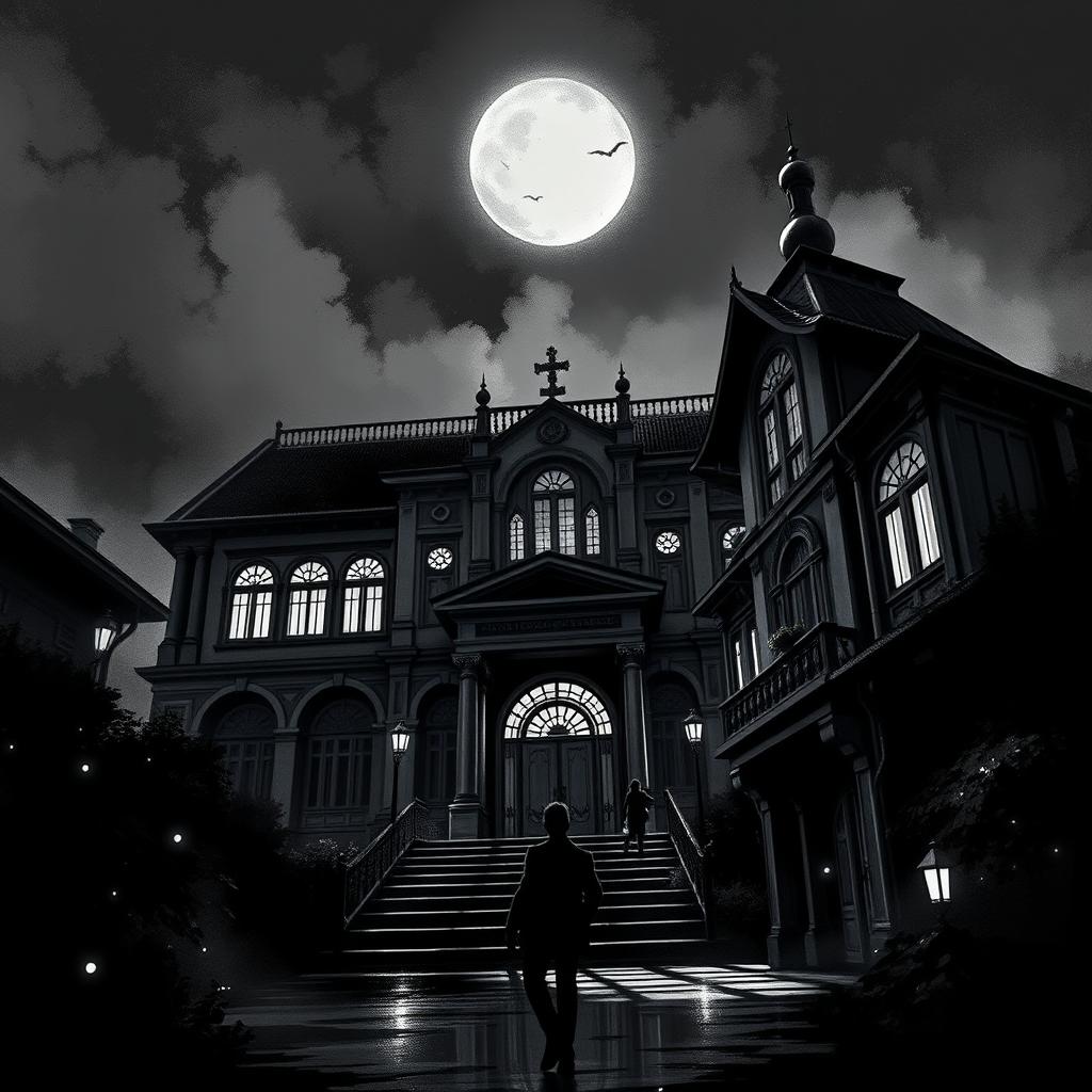 A dramatic black and white background for a book cover of the novel "Magnus The Black Ace 99", inspired by the adventurous genres of Arsène Lupin and Magic Kaito