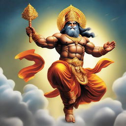 A detailed and respectful depiction of Shree Hanuman Ji, in a powerful stance, holding a mace and soaring through the sky.