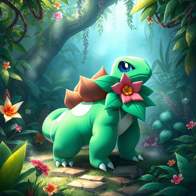 A majestic Venusaur, the iconic Pokémon, standing in a lush, vibrant jungle