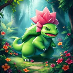 A majestic Venusaur, the iconic Pokémon, standing in a lush, vibrant jungle